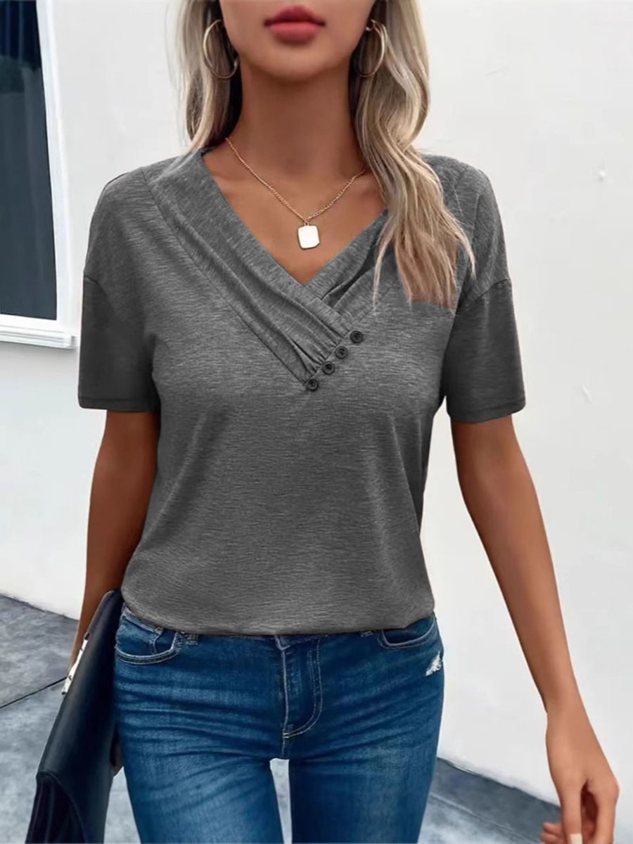 Women Casual Solid Color V Neck T Shirt Short Sleeves with Pleated Style - Picture 35 of 84