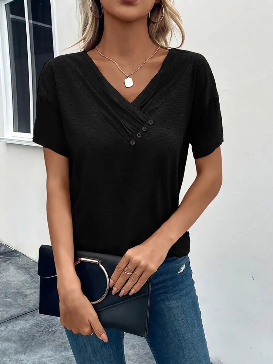 Women Casual Solid Color V Neck T Shirt Short Sleeves with Pleated Style - Picture 40 of 84