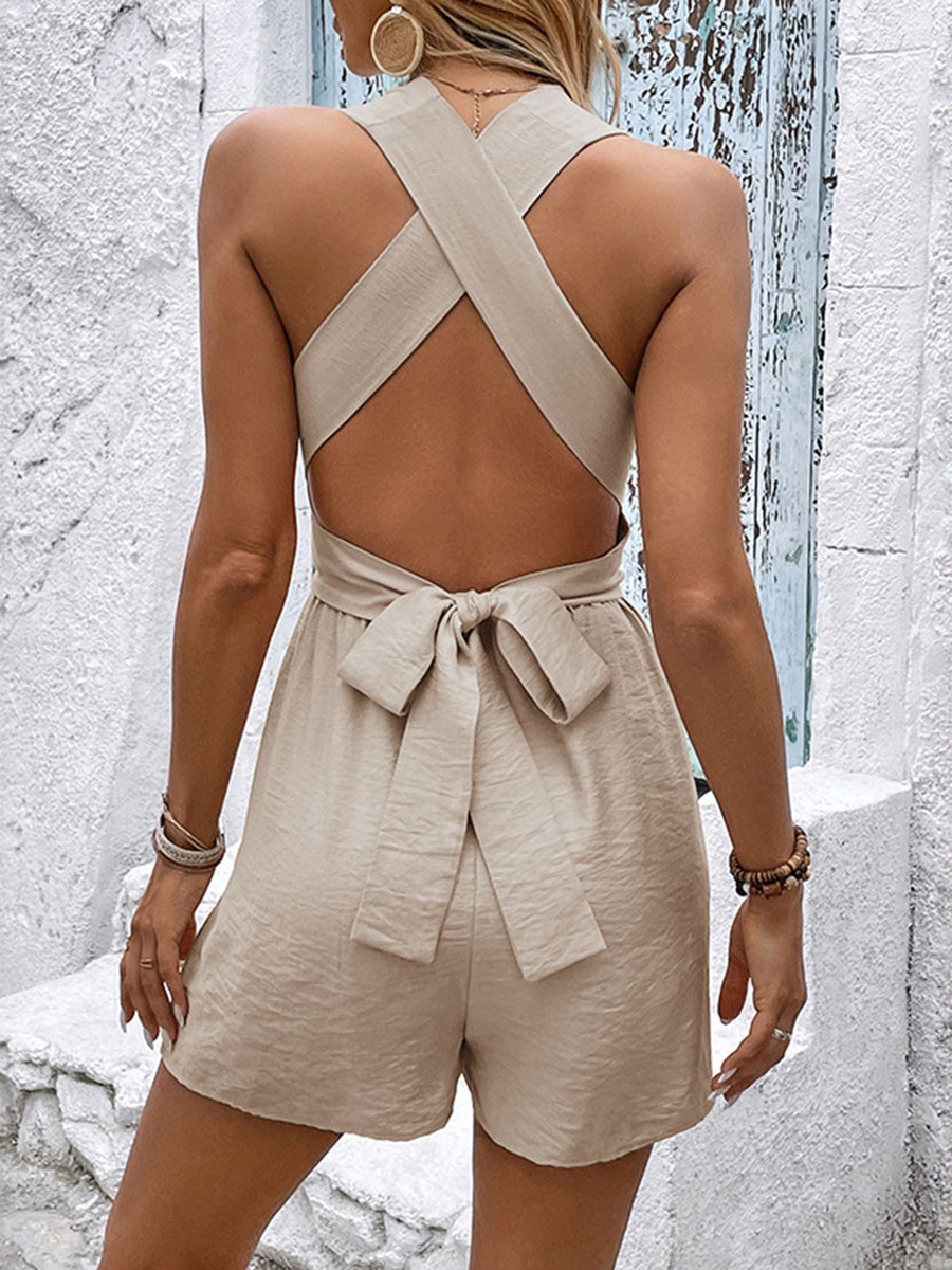 Casual sleeveless jumpsuit for women apricot with solid color and waist tie - Picture 40 of 72