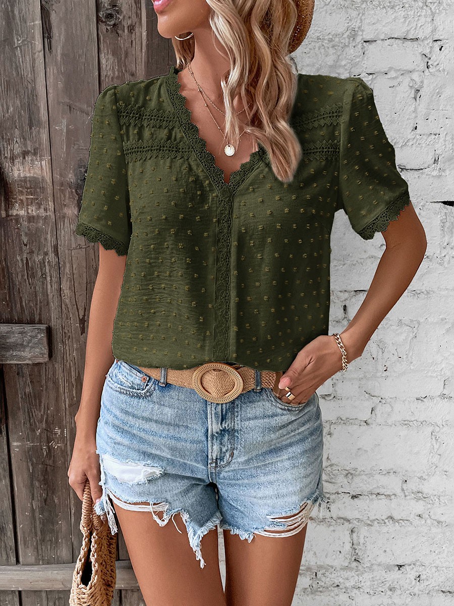 Short Sleeve Casual Women Shirt Summer V Neck Solid Color Breathable Fabric - Picture 65 of 70