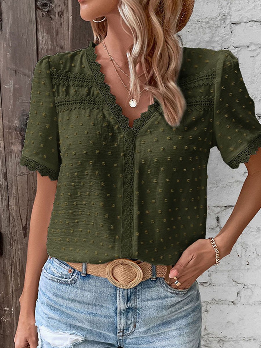 Short Sleeve Casual Women Shirt Summer V Neck Solid Color Breathable Fabric - Picture 60 of 70