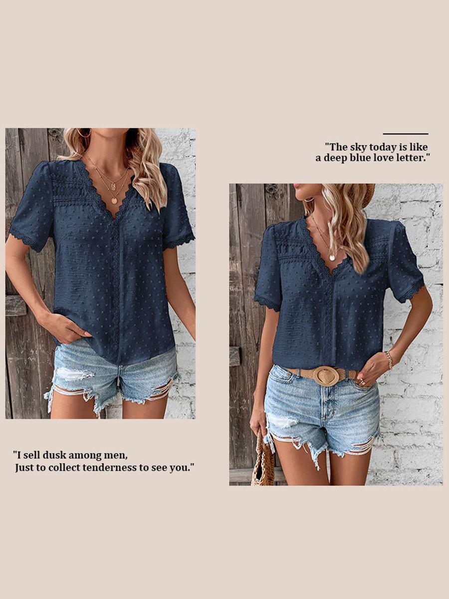 Short Sleeve Casual Women Shirt Summer V Neck Solid Color Breathable Fabric - Picture 43 of 70