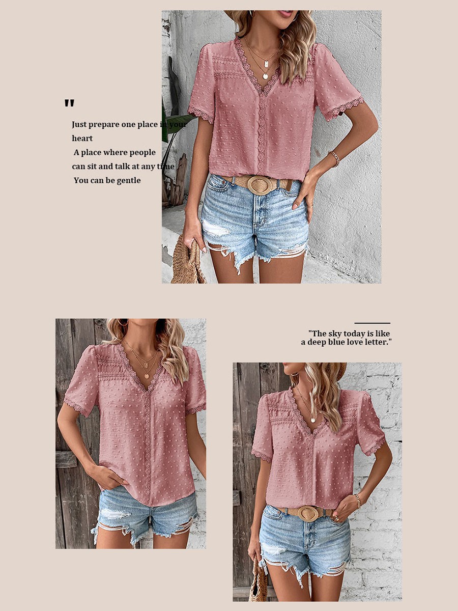 Short Sleeve Casual Women Shirt Summer V Neck Solid Color Breathable Fabric - Picture 55 of 70