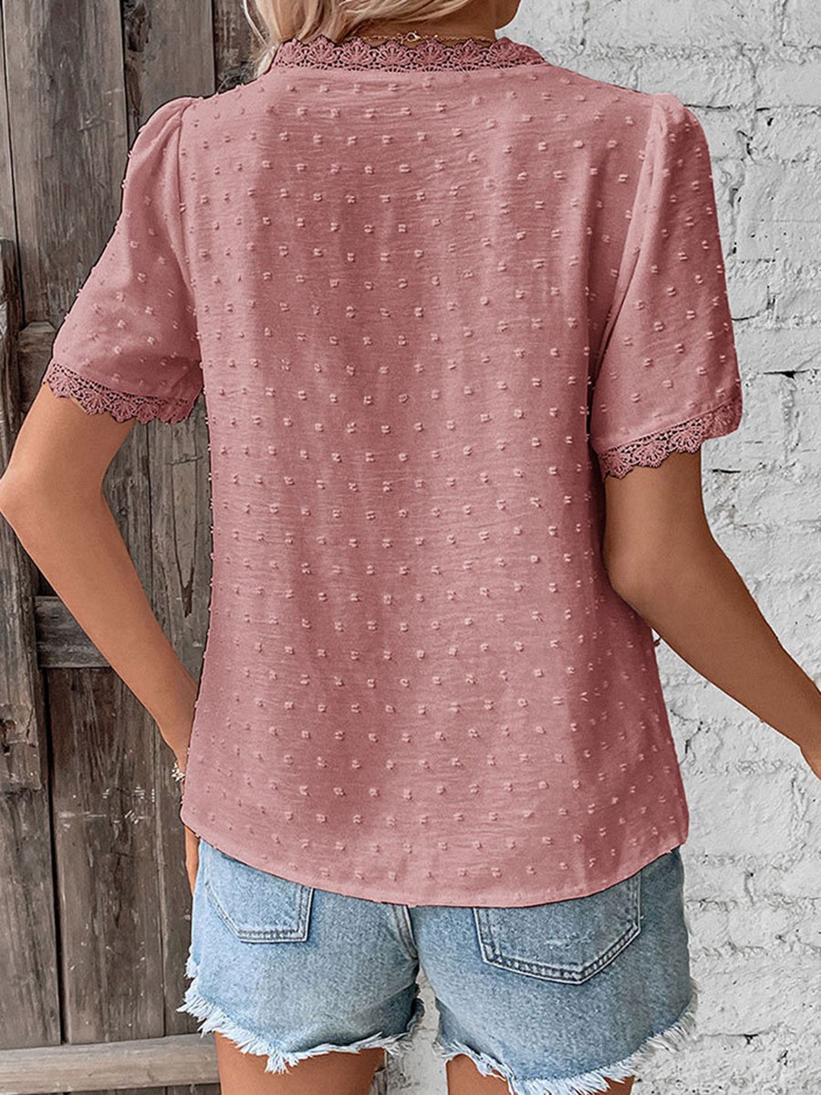 Short Sleeve Casual Women Shirt Summer V Neck Solid Color Breathable Fabric - Picture 53 of 70