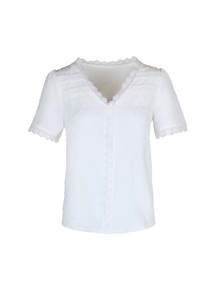 Short Sleeve Casual Women Shirt Summer V Neck Solid Color Breathable Fabric - Picture 27 of 70