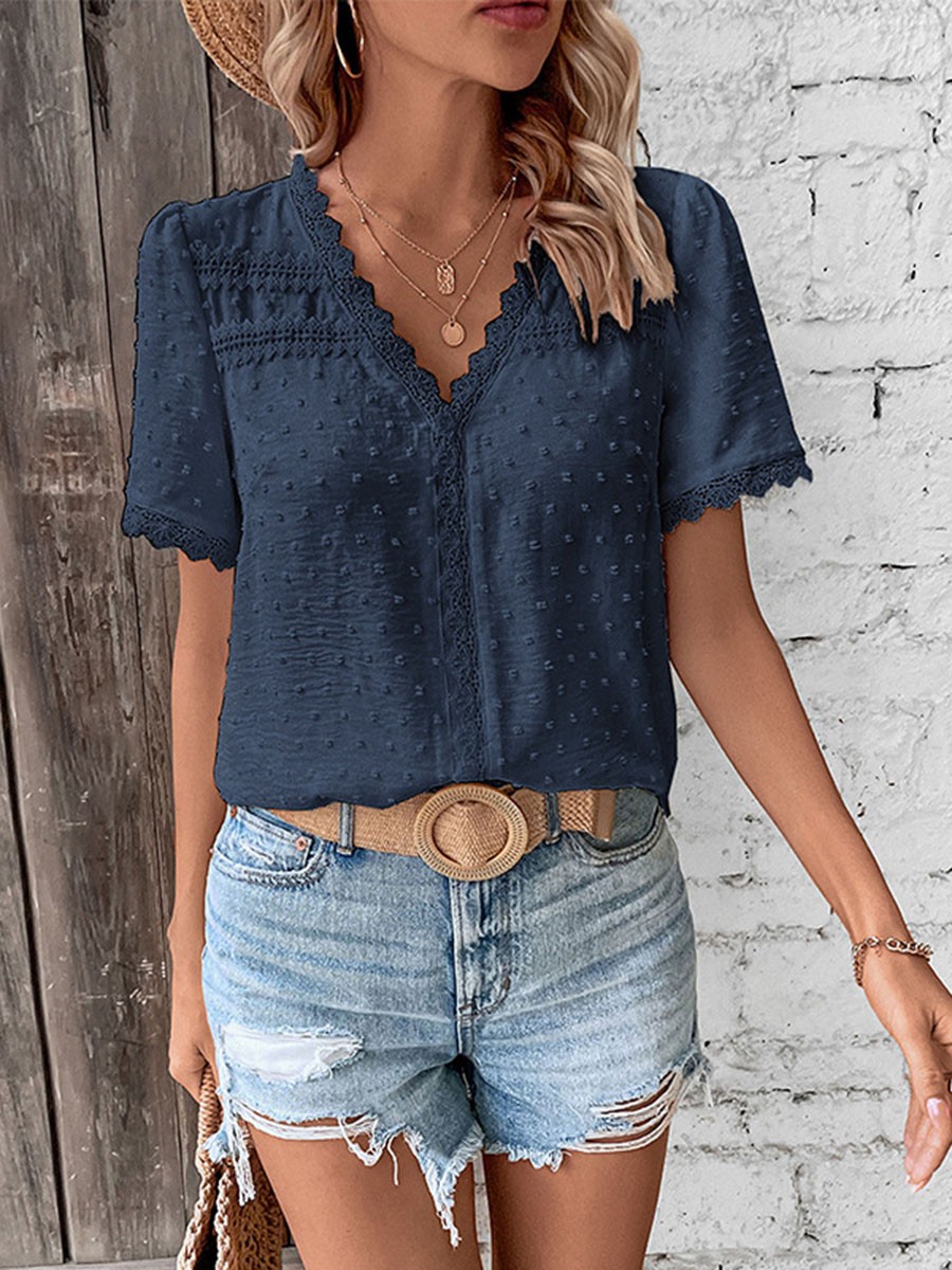 Short Sleeve Casual Women Shirt Summer V Neck Solid Color Breathable Fabric - Picture 42 of 70