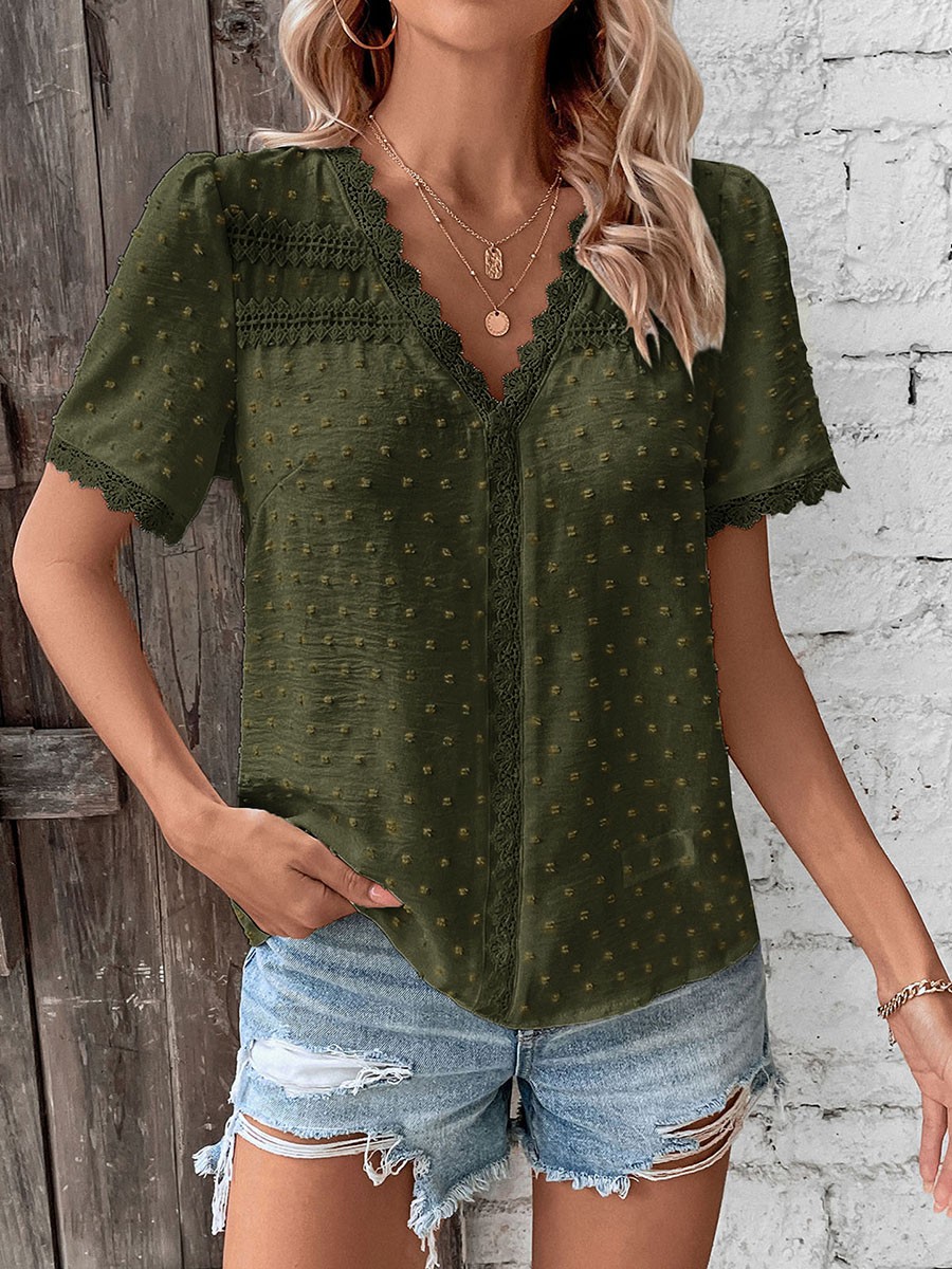 Short Sleeve Casual Women Shirt Summer V Neck Solid Color Breathable Fabric - Picture 63 of 70