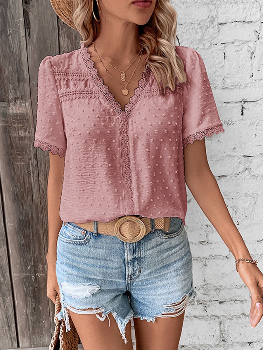 Short Sleeve Casual Women Shirt Summer V Neck Solid Color Breathable Fabric - Picture 56 of 70