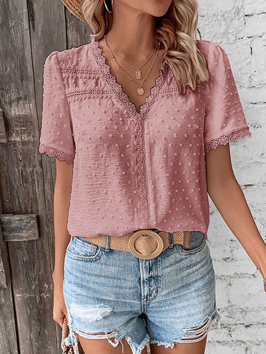 Short Sleeve Casual Women Shirt Summer V Neck Solid Color Breathable Fabric - Picture 52 of 70