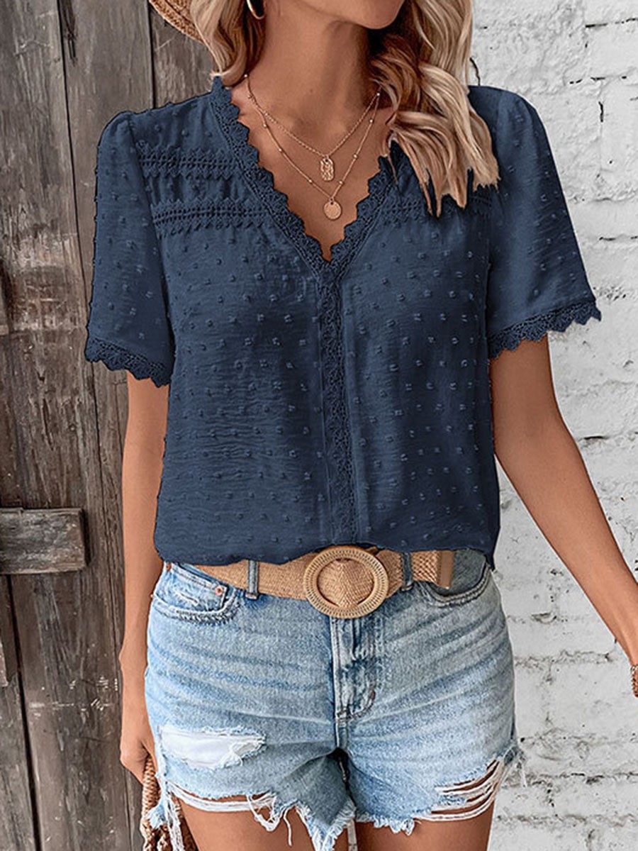 Short Sleeve Casual Women Shirt Summer V Neck Solid Color Breathable Fabric - Picture 41 of 70