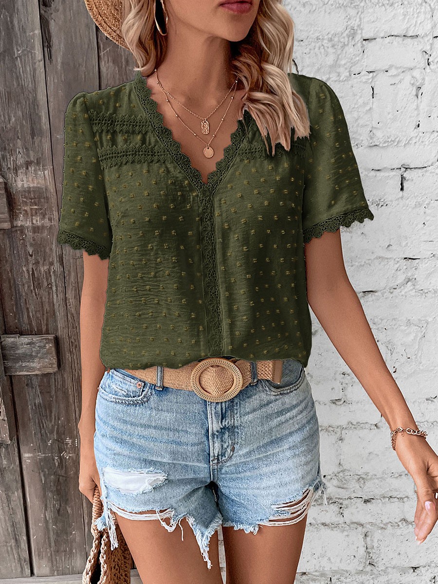 Short Sleeve Casual Women Shirt Summer V Neck Solid Color Breathable Fabric - Picture 61 of 70