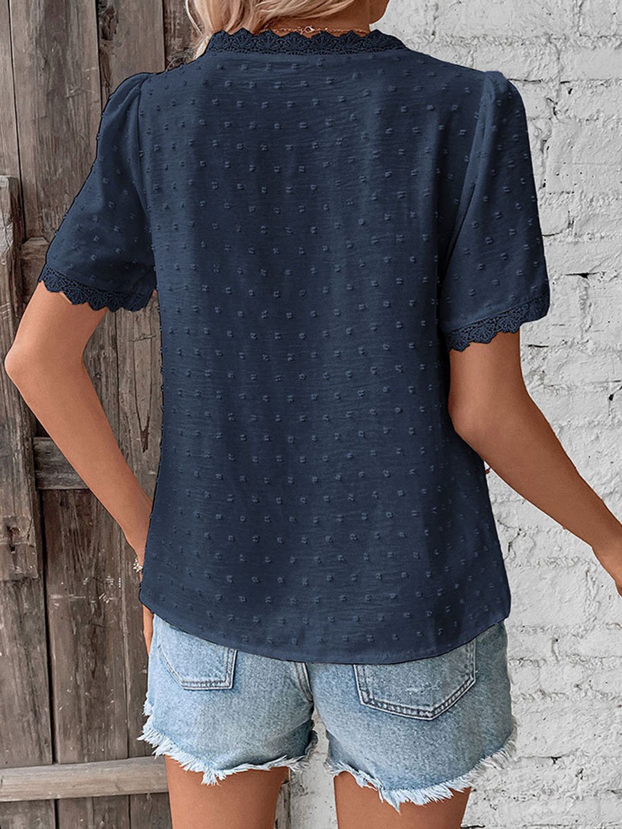 Short Sleeve Casual Women Shirt Summer V Neck Solid Color Breathable Fabric - Picture 39 of 70