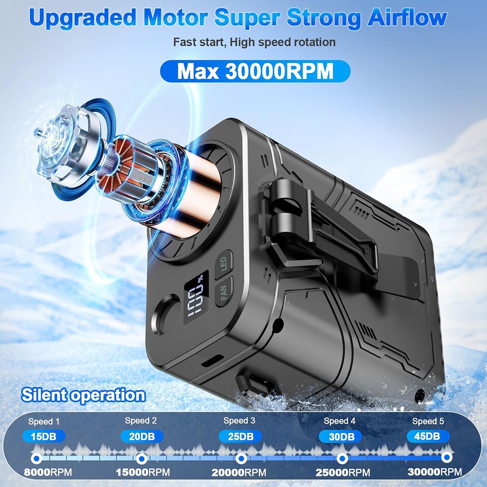 Portable Waist Fan LED Light 5 Speed Settings 20000mAh Rechargeable Battery - Bild 28 von 41