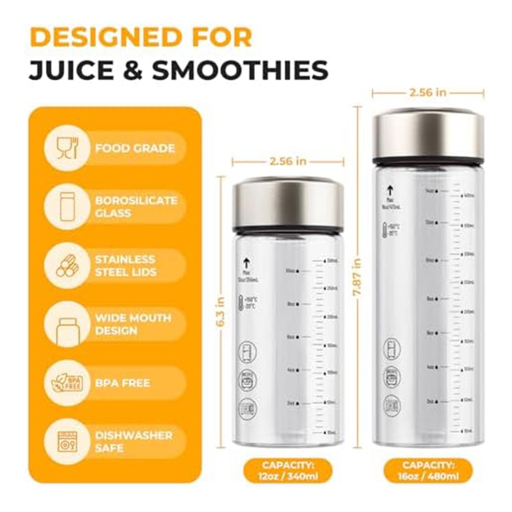 Saftflaschen – 4 Stück breite Öffnung Glasflaschen mit Deckel – zum Entsaften, Smoothies, infundiertes Wasser, Getränkeaufbewahrung – 473 ml, BPA-frei, Edelstahldeckel, wiederverwendbar, Borosilikat Saftflaschen – 4 Stück breite Öffnung Glasflaschen mit Deckel – zum Entsaften, Smoothies, infundiertes Wasser, Getränkeaufbewahrung – 473 ml, BPA-frei, Edelstahldeckel, wiederverwendbar, Borosilikat