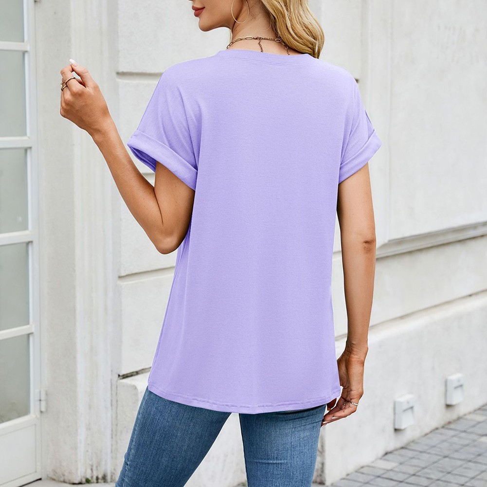 Spring summer women tshirt solid color casual round neck loose short sleeve top - Picture 131 of 144