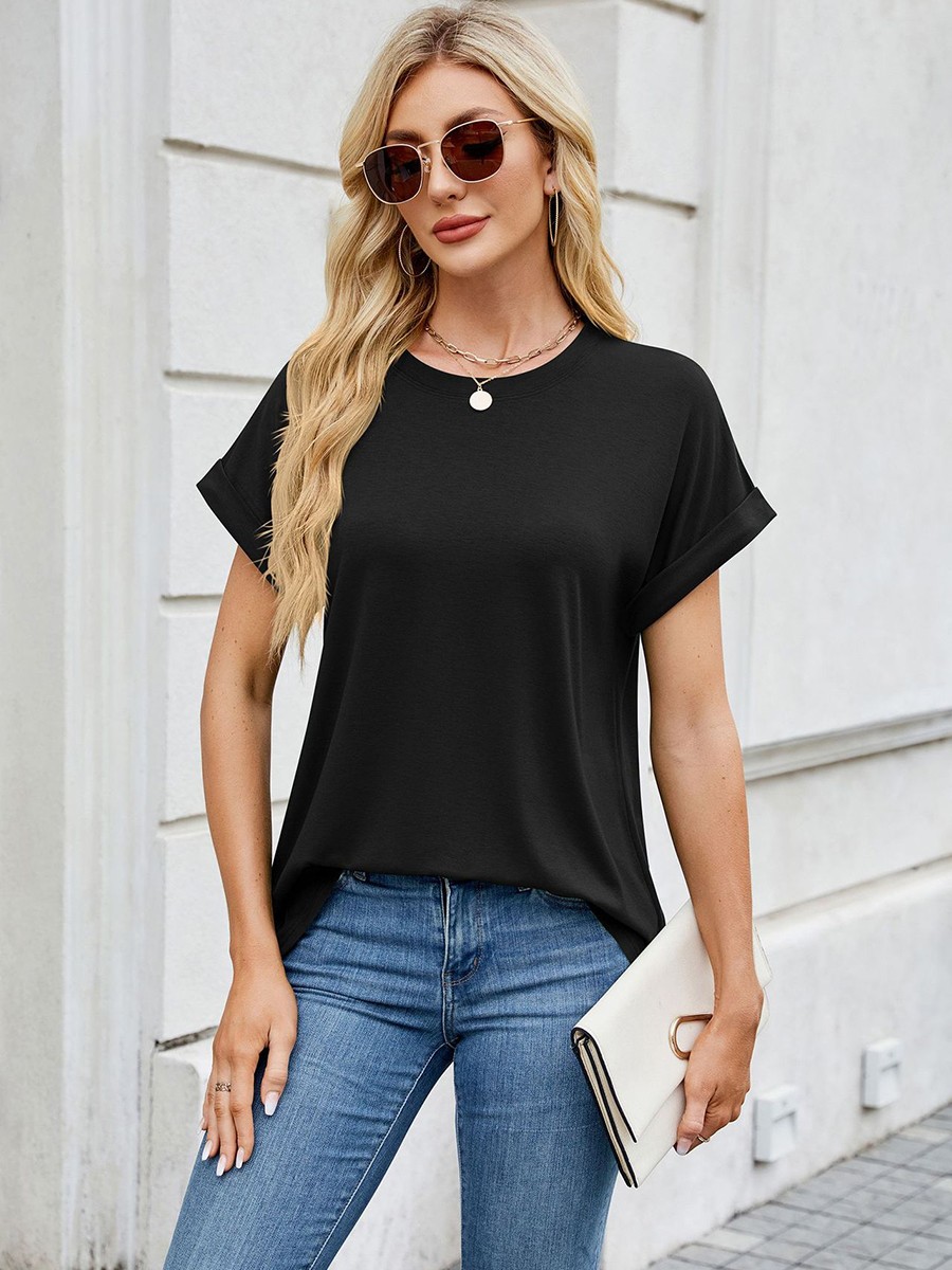 Spring summer women tshirt solid color casual round neck loose short sleeve top - Picture 27 of 144