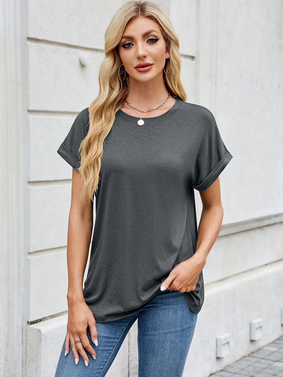 Spring summer women tshirt solid color casual round neck loose short sleeve top - Picture 138 of 144
