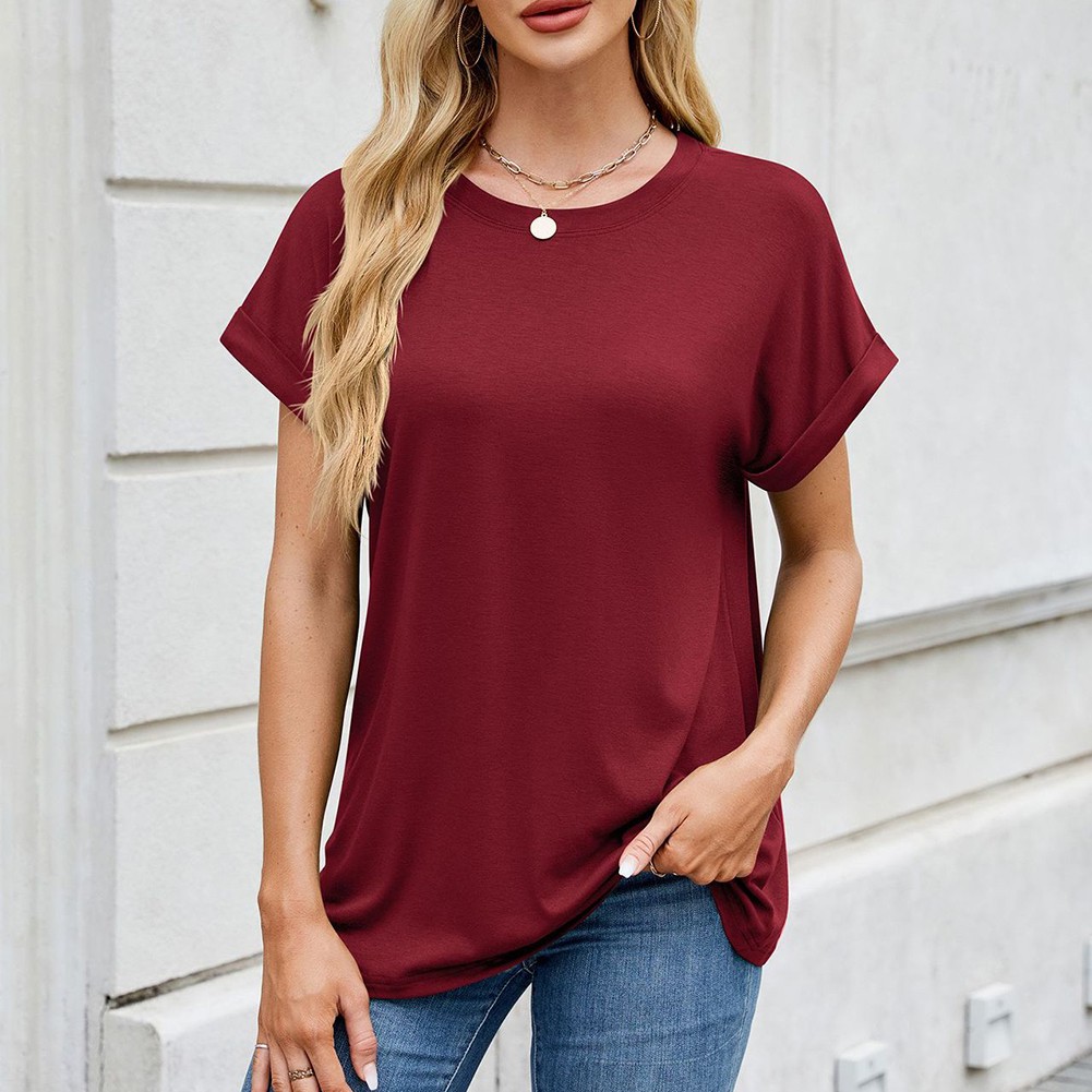 Spring summer women tshirt solid color casual round neck loose short sleeve top - Picture 94 of 144