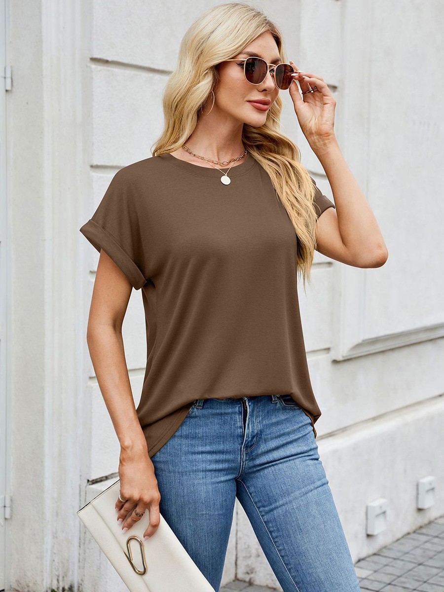 Spring summer women tshirt solid color casual round neck loose short sleeve top - Picture 100 of 144