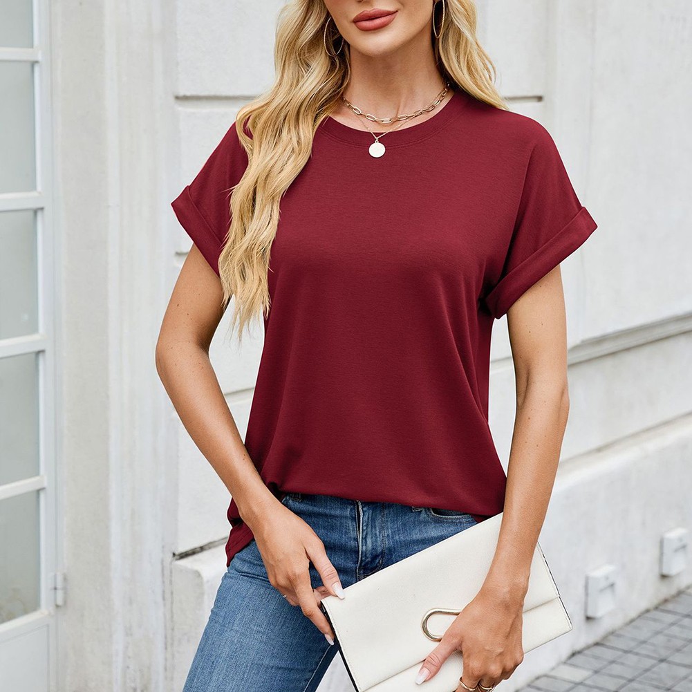 Spring summer women tshirt solid color casual round neck loose short sleeve top - Picture 86 of 144