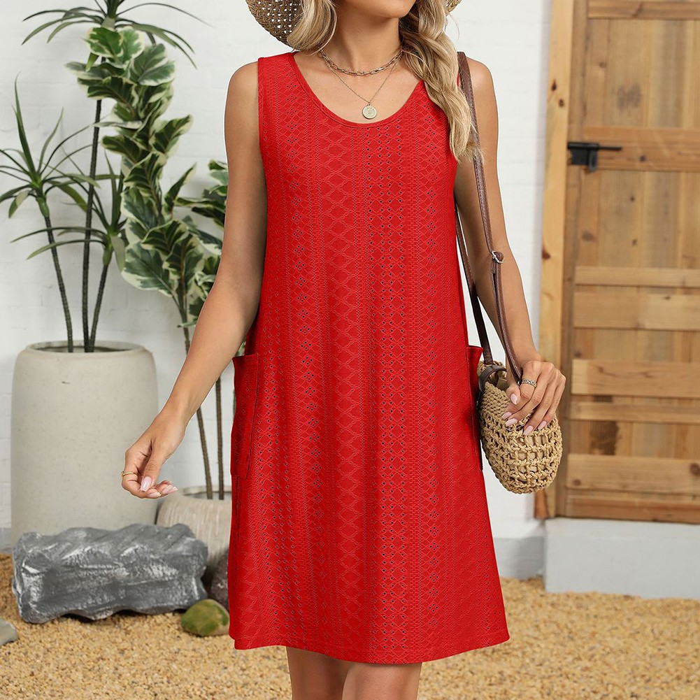 Loose Fit Round Neck Dress for Women Solid Color Casual Sleeveless Pockets - Picture 61 of 108