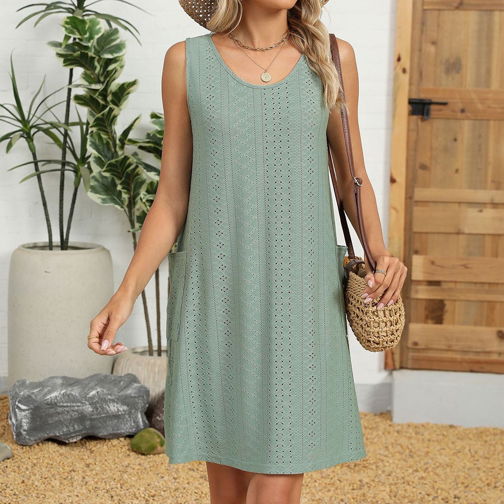 Loose Fit Round Neck Dress for Women Solid Color Casual Sleeveless Pockets - Picture 95 of 108