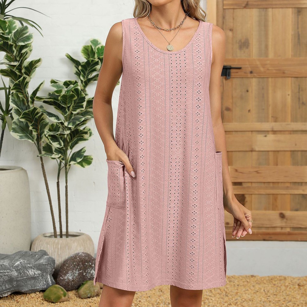 Loose Fit Round Neck Dress for Women Solid Color Casual Sleeveless Pockets - Picture 83 of 108