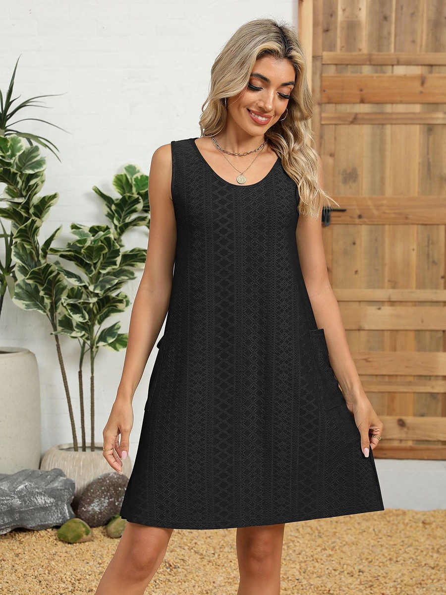 Loose Fit Round Neck Dress for Women Solid Color Casual Sleeveless Pockets - Picture 28 of 108