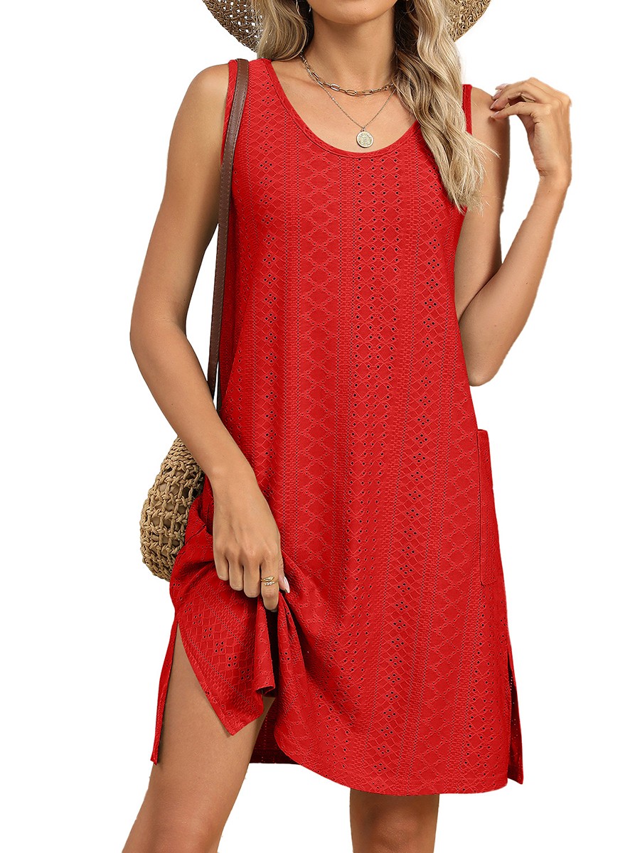Loose Fit Round Neck Dress for Women Solid Color Casual Sleeveless Pockets - Picture 69 of 108