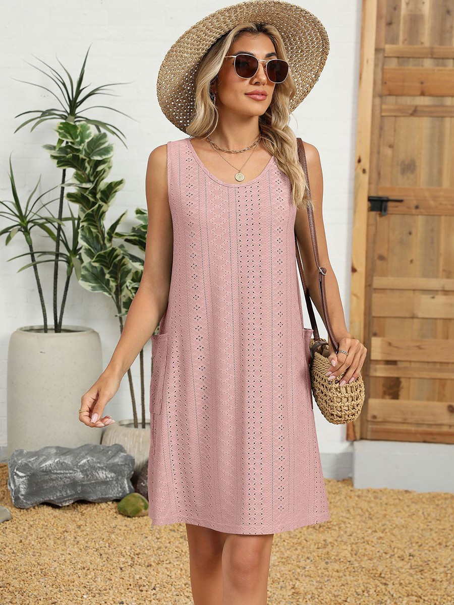 Loose Fit Round Neck Dress for Women Solid Color Casual Sleeveless Pockets - Picture 76 of 108