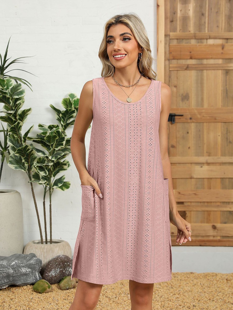 Loose Fit Round Neck Dress for Women Solid Color Casual Sleeveless Pockets - Picture 77 of 108