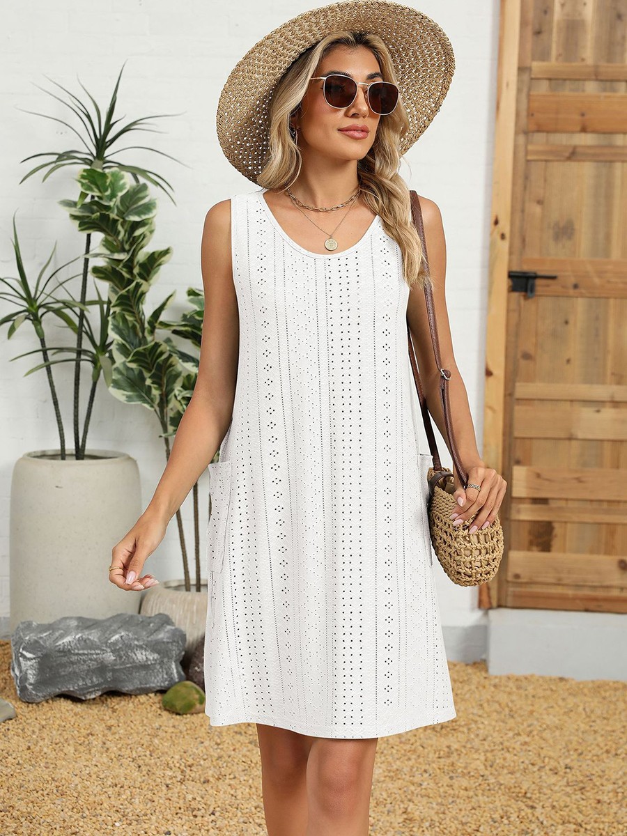 Loose Fit Round Neck Dress for Women Solid Color Casual Sleeveless Pockets - Picture 41 of 108