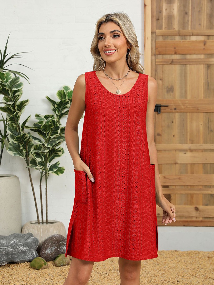 Loose Fit Round Neck Dress for Women Solid Color Casual Sleeveless Pockets - Picture 68 of 108