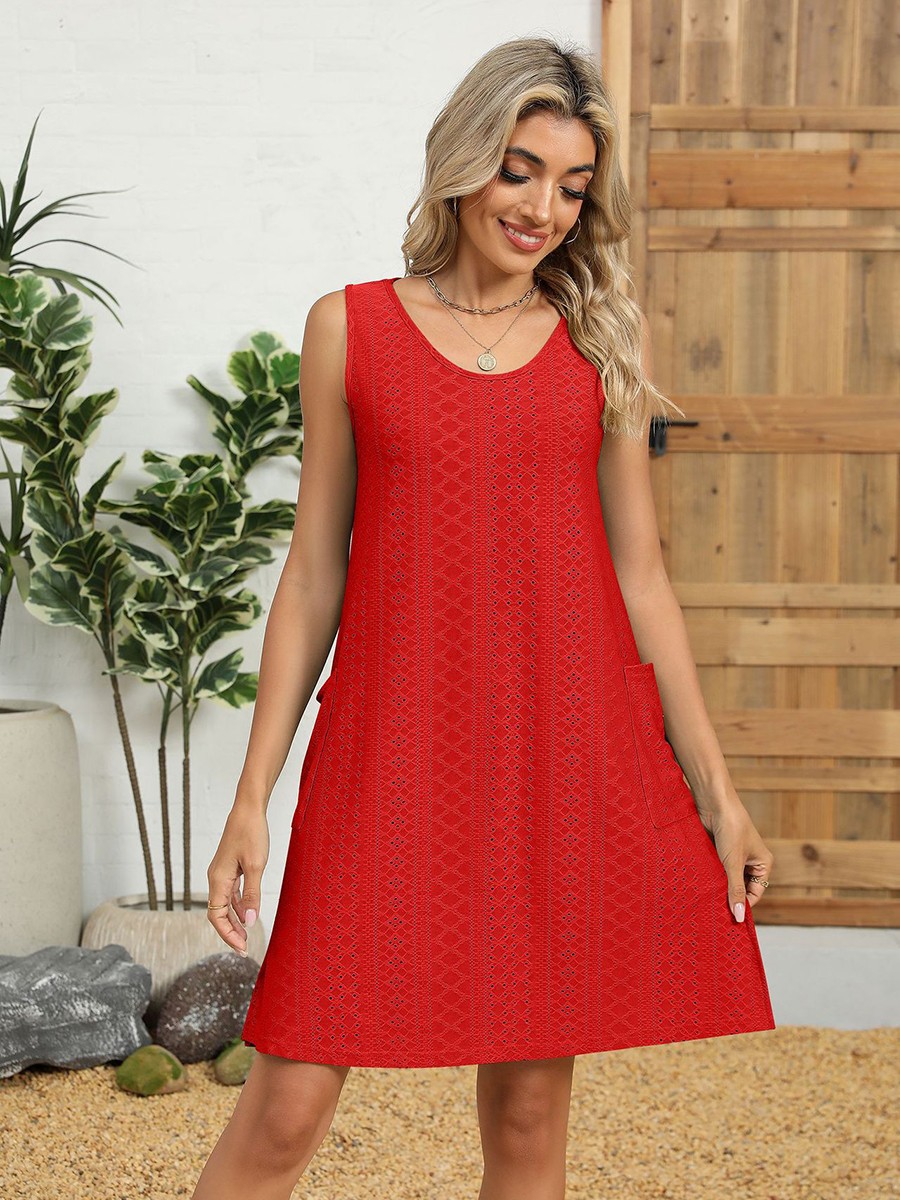 Loose Fit Round Neck Dress for Women Solid Color Casual Sleeveless Pockets - Picture 64 of 108