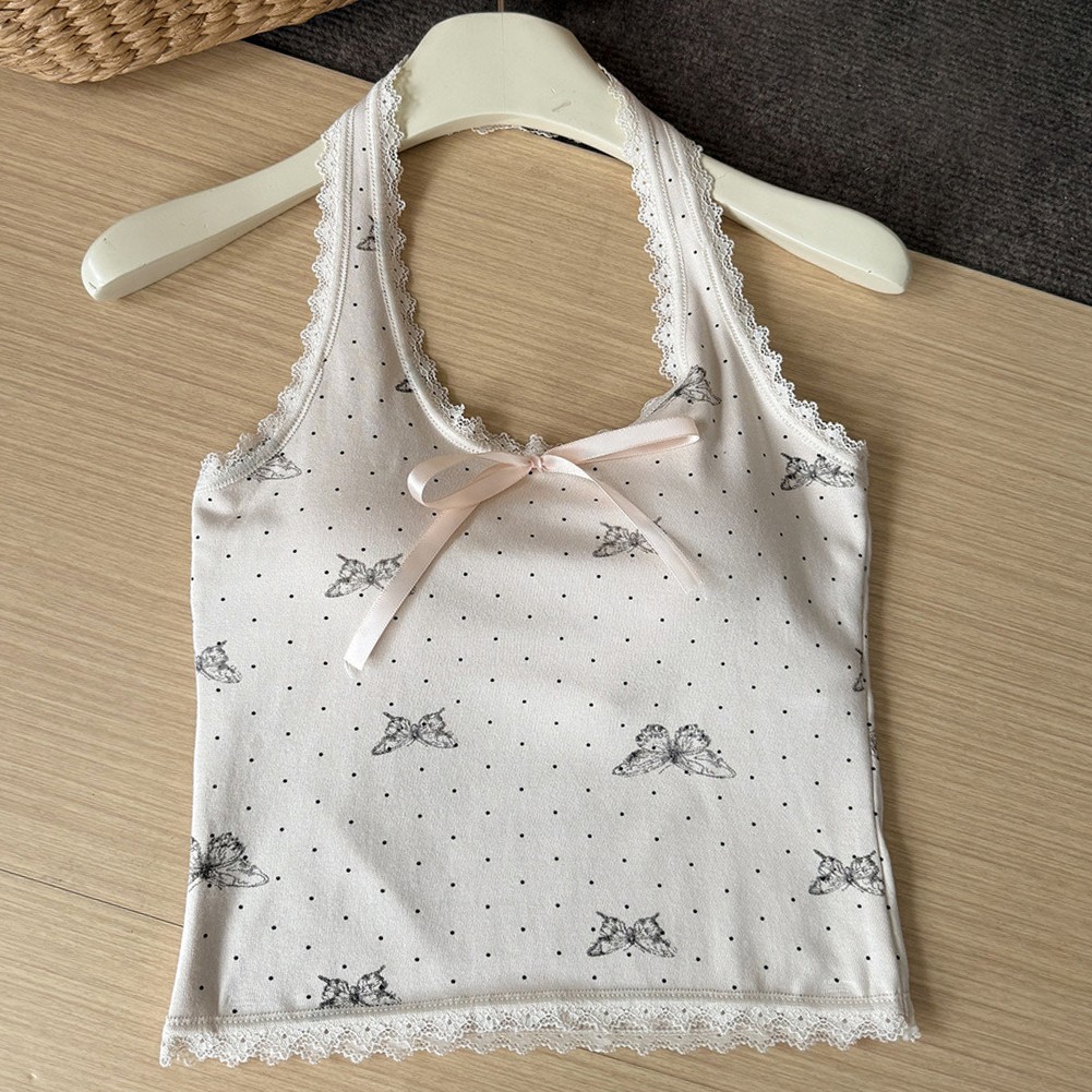 Women Printed Lace Bow Tie Vest with Chest Cushion for Spring Summer Autumn Use - Picture 13 of 13