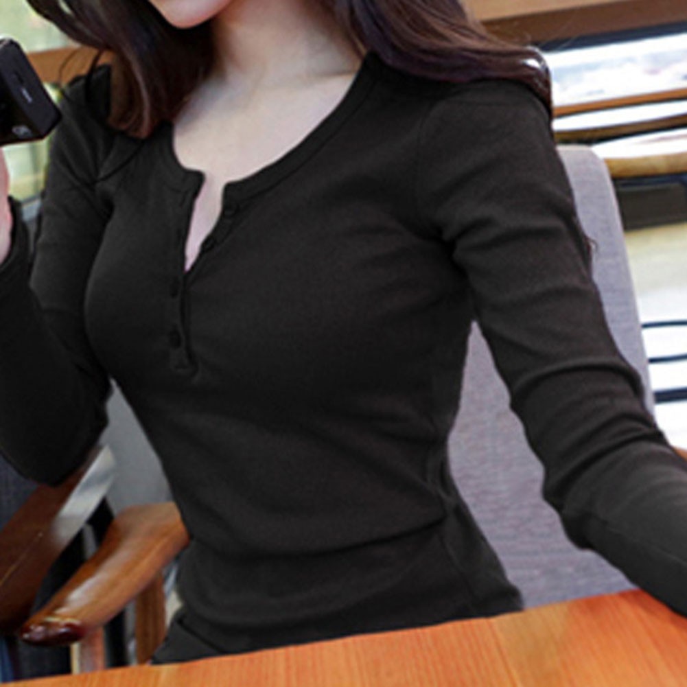 Female Casual Long Sleeved Top Button Front Solid Color Polyester Shirt - Picture 10 of 26