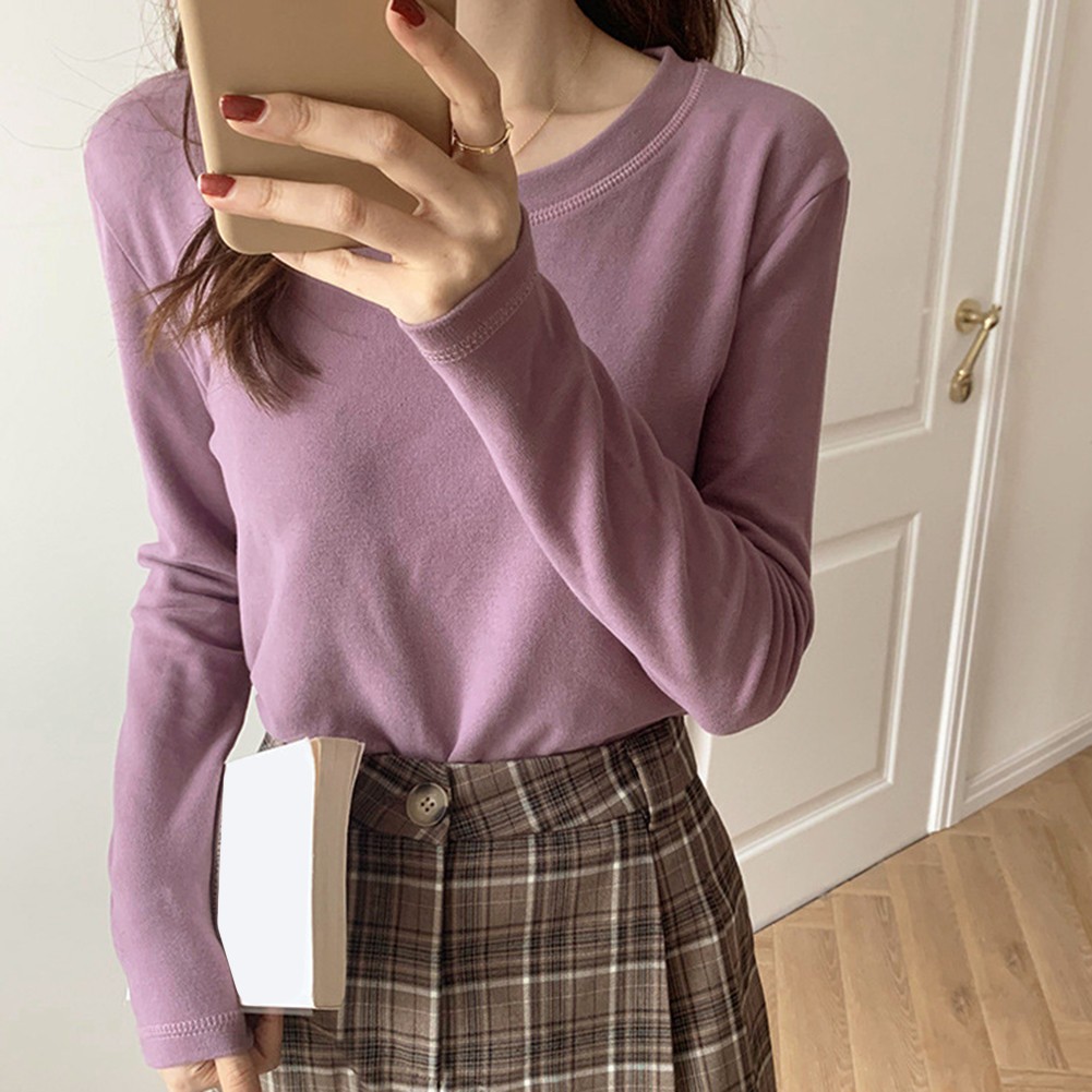 Solid Color Long Sleeve Round Neck Top for Women Casual for Spring to Winter - Picture 18 of 47
