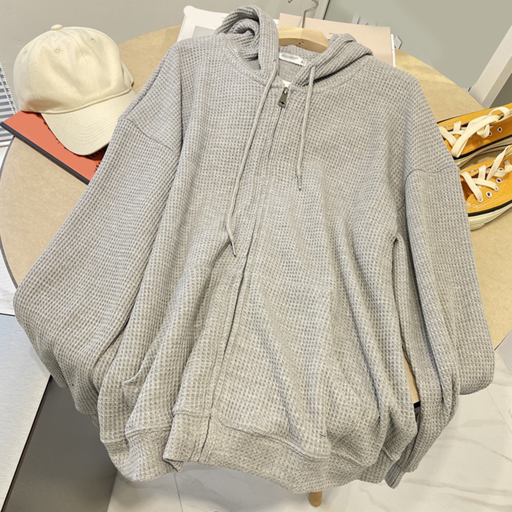 Women Casual Waffle Hoodie Solid Color Full Zipper with Pockets and Drawstring - Picture 8 of 17
