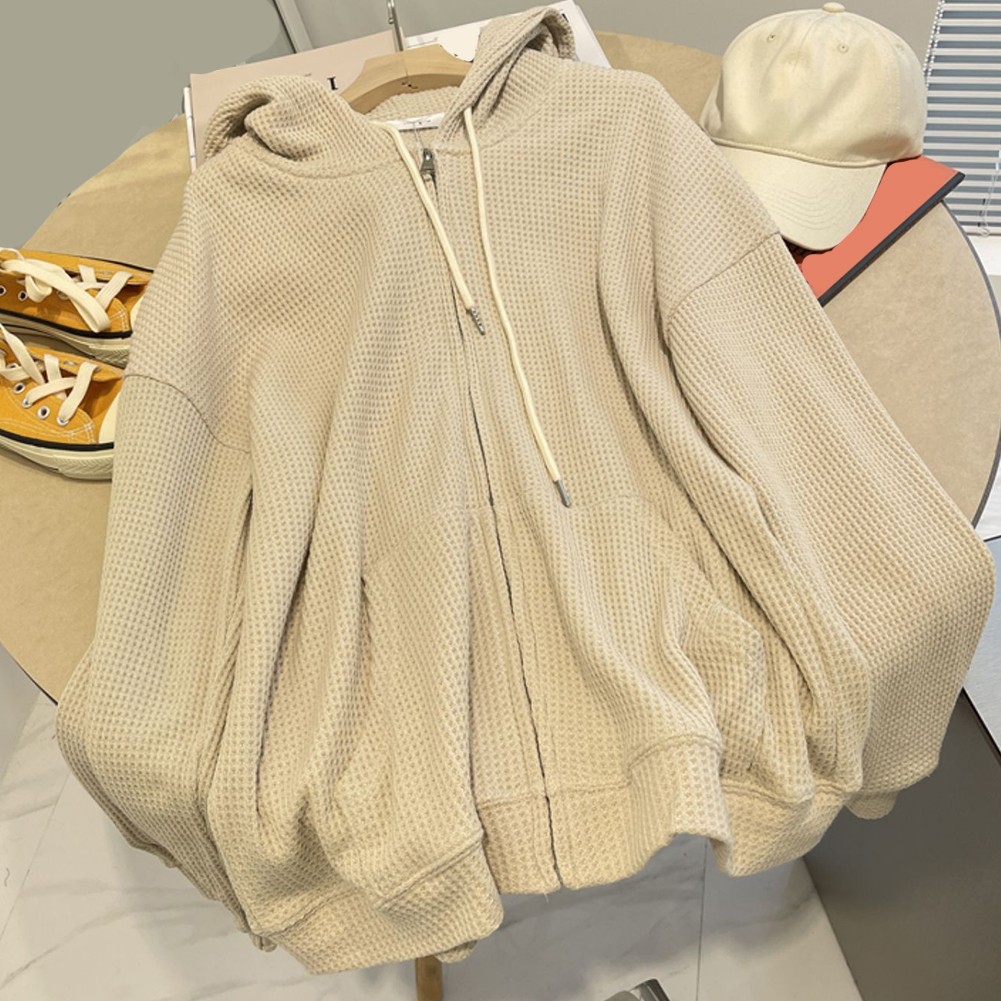 Women Casual Waffle Hoodie Solid Color Full Zipper with Pockets and Drawstring - Picture 6 of 17