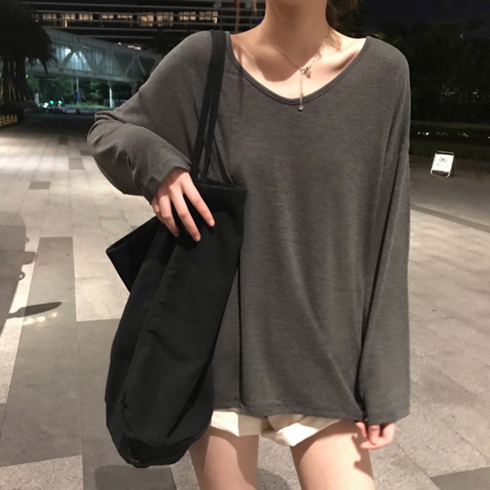 Long Sleeve V Neck Womens Casual Loose Fit Solid Color Top for Vacation Days - Picture 9 of 21