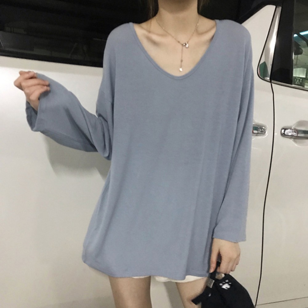 Women Solid Color Casual V Neck Loose Fit Long Sleeve Top for Home and Club - Picture 13 of 16