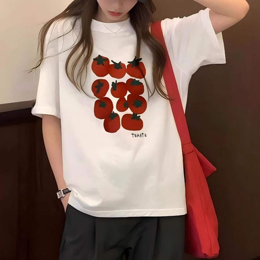 Loose Fit Women Summer T Shirt Tomato Print Short Sleeve Casual Vintage Top - Picture 20 of 28