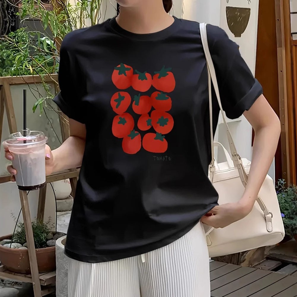 Loose Fit Women Summer T Shirt Tomato Print Short Sleeve Casual Vintage Top - Picture 16 of 28