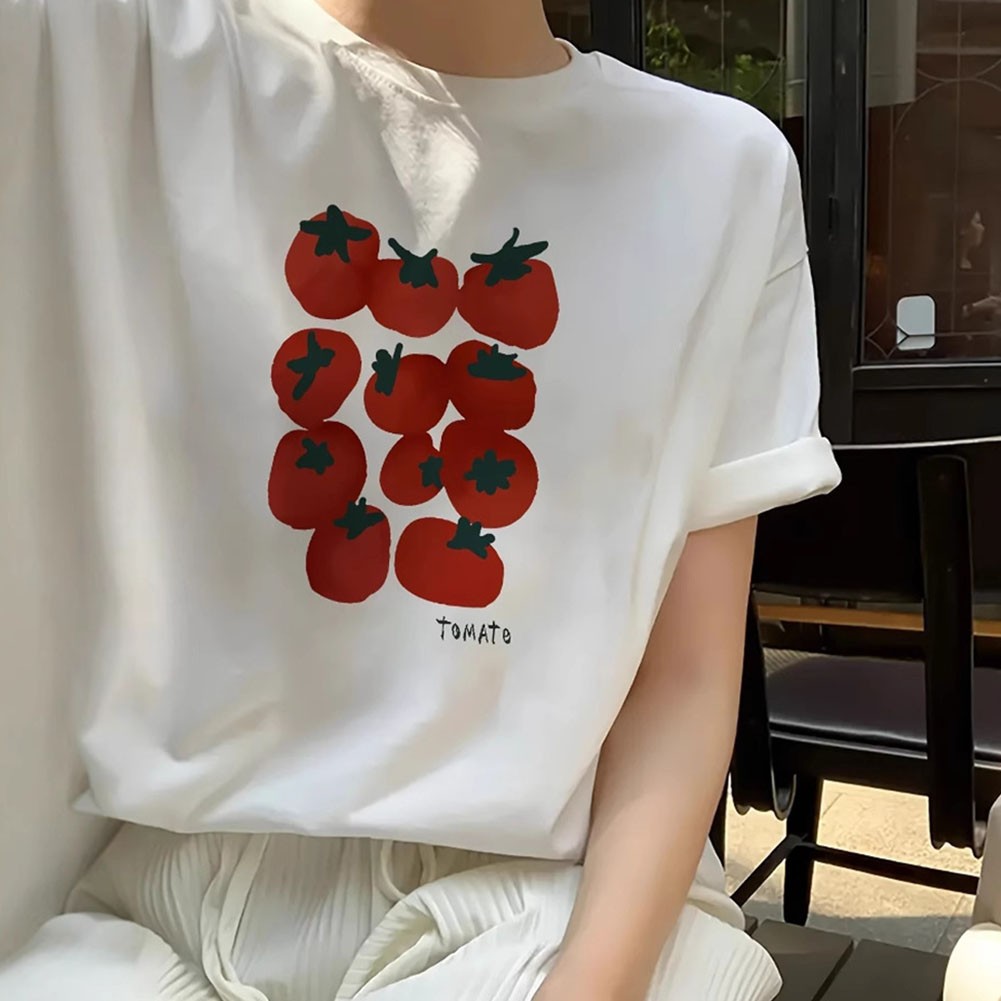 Loose Fit Women Summer T Shirt Tomato Print Short Sleeve Casual Vintage Top - Picture 27 of 28