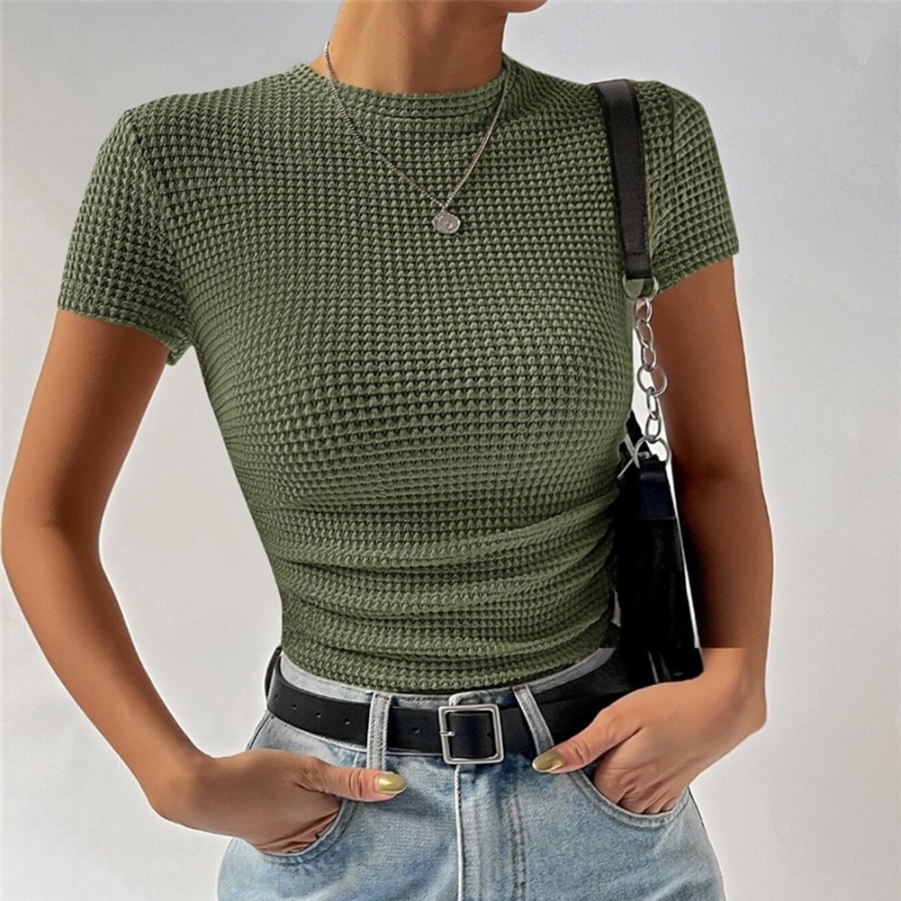 Women Slim Fit Knitted Top Short Sleeves Pleated Pure Color Round Neck for Club - Picture 5 of 10