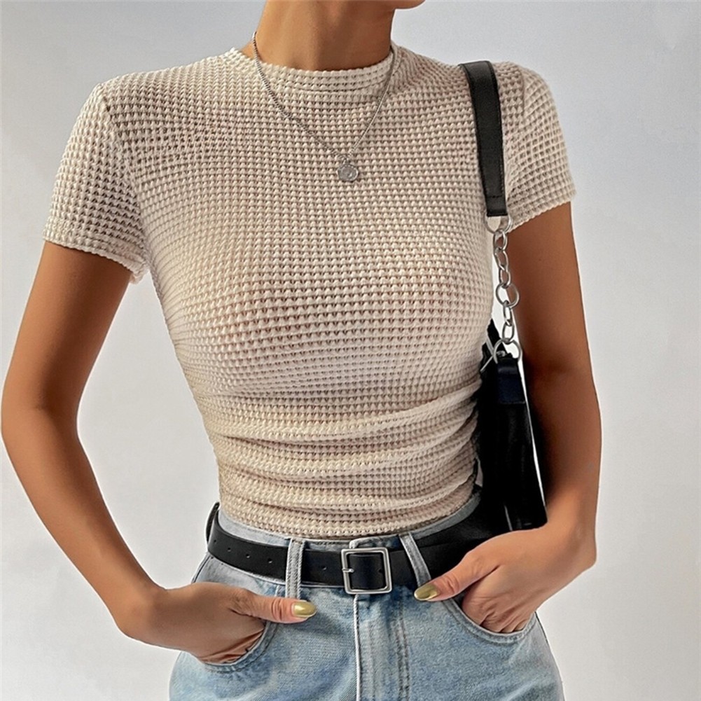 Women Slim Fit Knitted Top Short Sleeves Pleated Pure Color Round Neck for Club - Picture 6 of 10