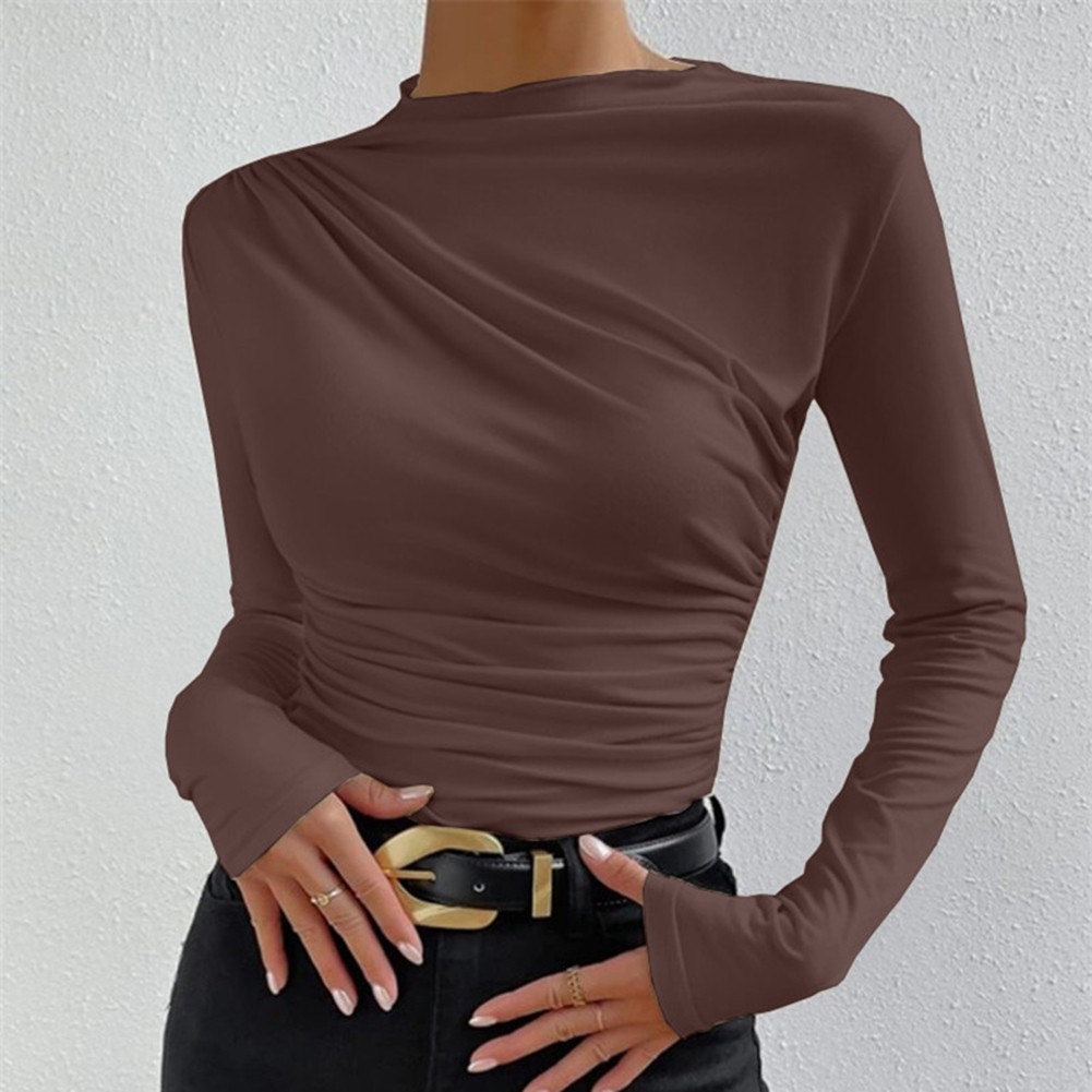 Slim Fit Solid Color Long Sleeve Top for Women with Pleated Stylish Design - Picture 8 of 32