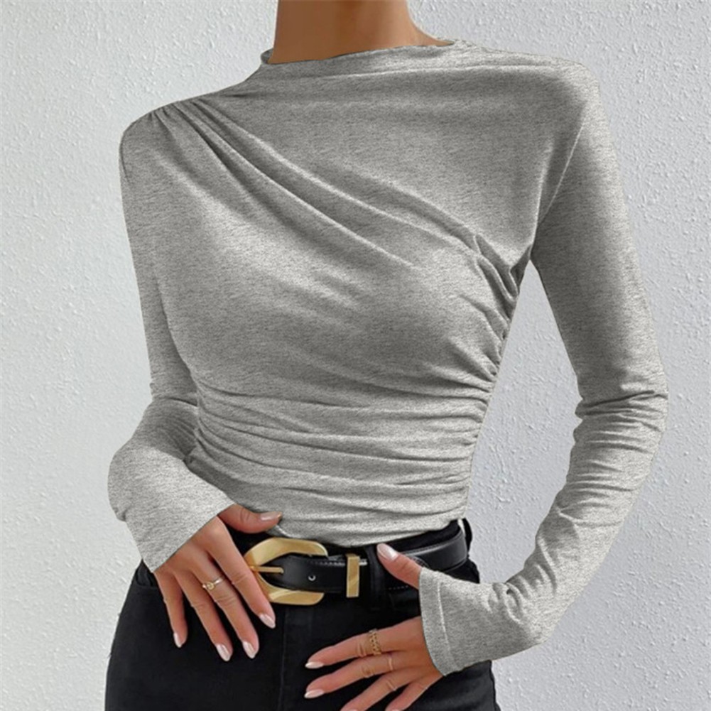 Slim Fit Solid Color Long Sleeve Top for Women with Pleated Stylish Design - Picture 9 of 32