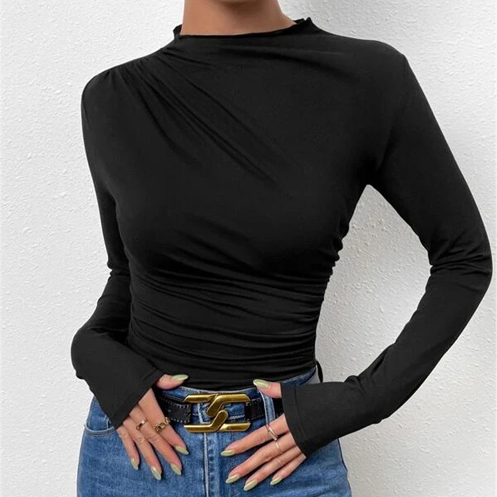 Slim Fit Solid Color Long Sleeve Top for Women with Pleated Stylish Design - Picture 11 of 32