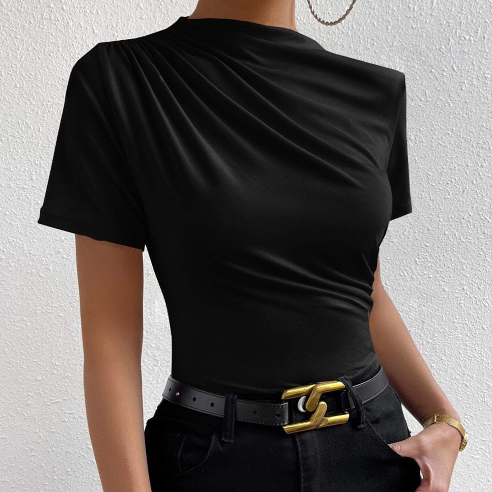 Women Short Sleeve High Neck Pleated Top Solid Color Slim Fit for Club Holiday - Picture 7 of 17
